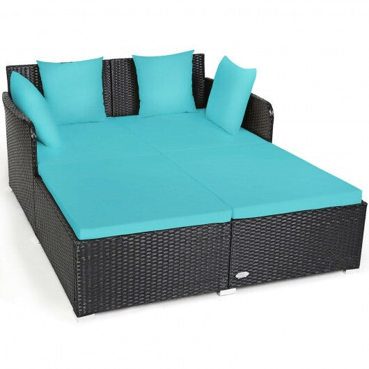 Spacious Outdoor Rattan Daybed with Upholstered Cushions and Pillows-Red