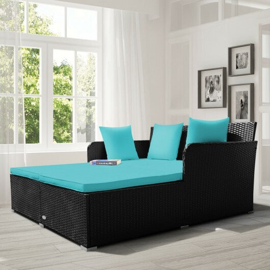 Spacious Outdoor Rattan Daybed with Upholstered Cushions and Pillows-Red