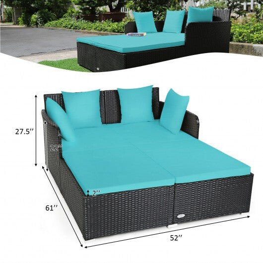 Spacious Outdoor Rattan Daybed with Upholstered Cushions and Pillows-Red