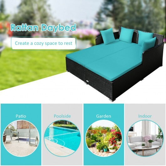 Spacious Outdoor Rattan Daybed with Upholstered Cushions and Pillows-Red