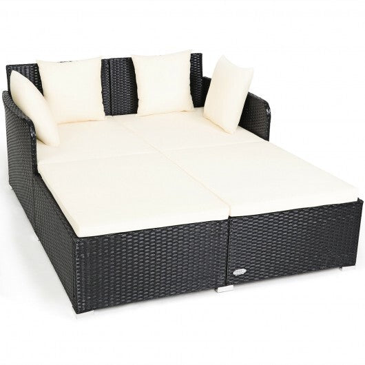 Spacious Outdoor Rattan Daybed with Upholstered Cushions and Pillows-Red