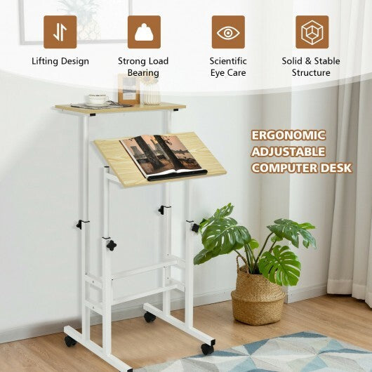 Height-adjustable Mobile Standing Desk with Split Top and Adjustable Angle-Walnut