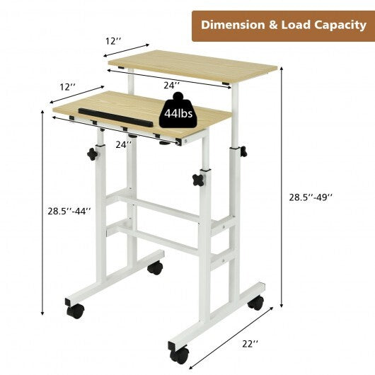 Height-adjustable Mobile Standing Desk with Split Top and Adjustable Angle-Walnut