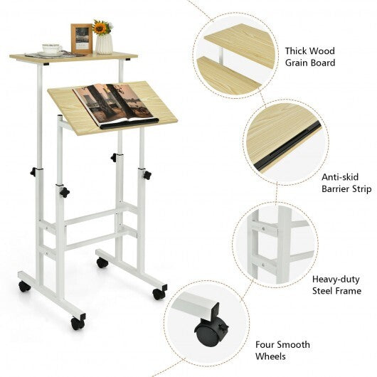 Height-adjustable Mobile Standing Desk with Split Top and Adjustable Angle-Walnut