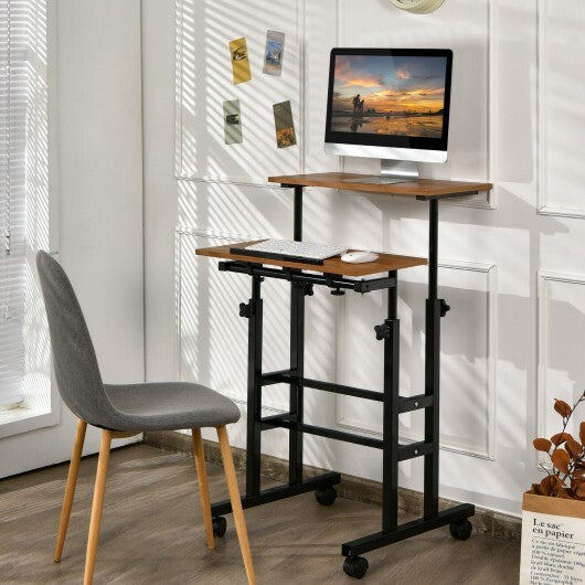 Height-adjustable Mobile Standing Desk with Split Top and Adjustable Angle-Walnut