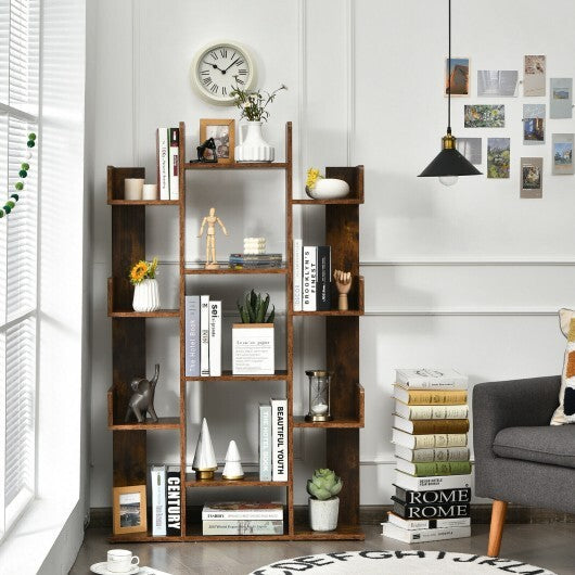 Tree-Shaped Bookshelf with 13 Compartments for Home Office-Rustic Brown