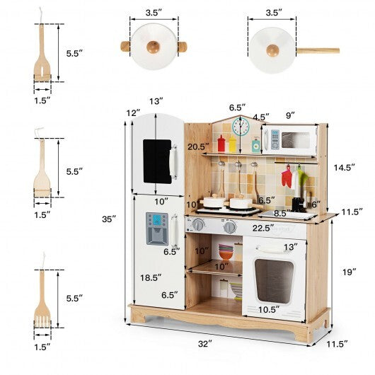 Wooden Kids Pretend Kitchen Playset Cooking Play Toy with Utensils and Sound