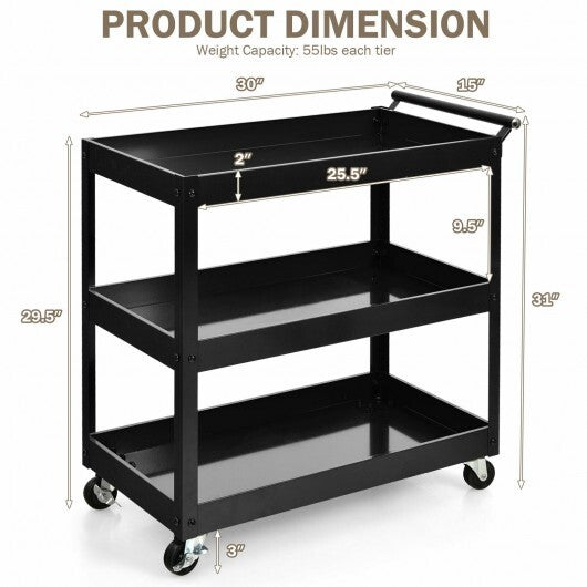 3-Tier Utility Cart Metal Mental Storage Service Trolley-Red