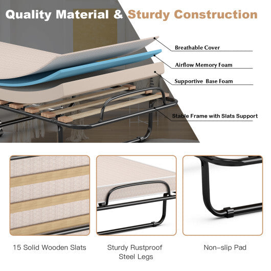 Portable Folding Bed with Memory Foam Mattress and Sturdy Metal Frame Made in Italy-Navy