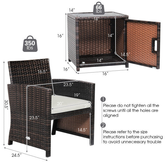 3 Pieces Patio Wicker Furniture Set with Storage Table and Protective Cover-Off White