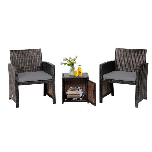 3 Pieces Patio Wicker Furniture Set with Storage Table and Protective Cover-Off White