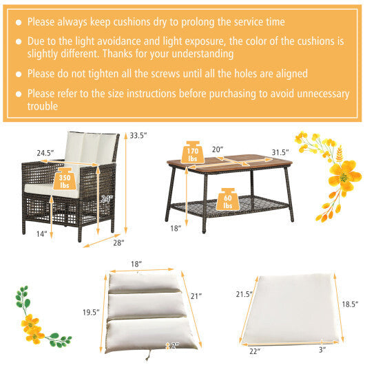 5 Pieces Patio Rattan Furniture Set Cushioned Sofa Armrest Wooden Tabletop-Off White