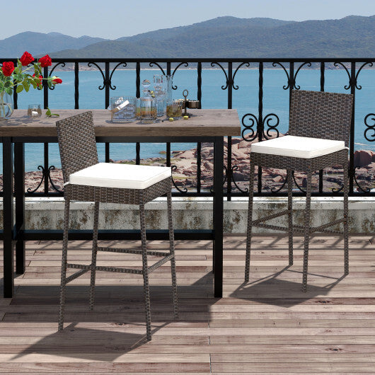 2 Pieces Patio Cushioned Wicker Barstools with Cozy Footrest-Set of 2