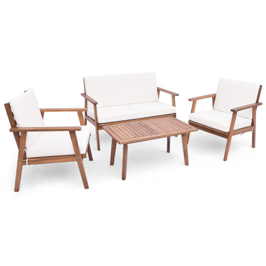 4 Piece Outdoor Acacia Wood Conversation Set with Soft Seat and Back Cushions-Gray