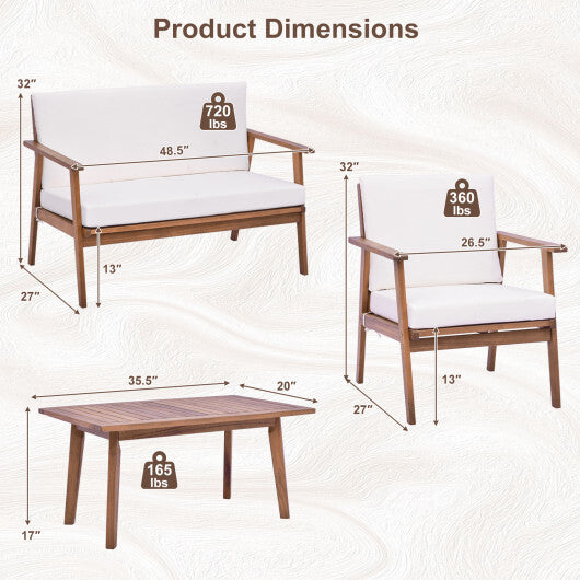 4 Piece Outdoor Acacia Wood Conversation Set with Soft Seat and Back Cushions-Gray