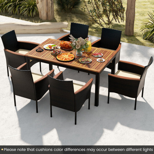7 Pieces Rattan Patio Dining Set with Stackable Chairs and Umbrella Hole