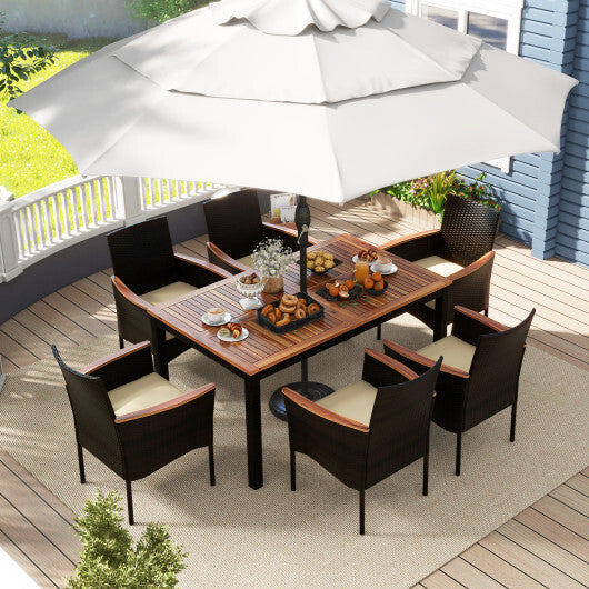 7 Pieces Rattan Patio Dining Set with Stackable Chairs and Umbrella Hole