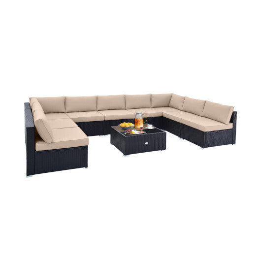 10 Piece Outdoor Wicker Conversation Set with Seat and Back Cushions-Black