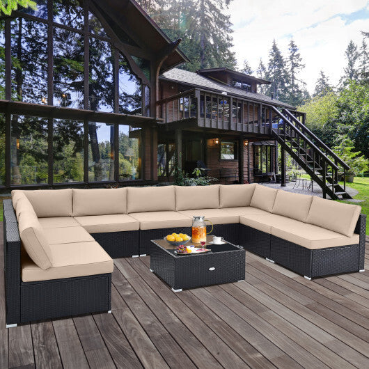 10 Piece Outdoor Wicker Conversation Set with Seat and Back Cushions-Black