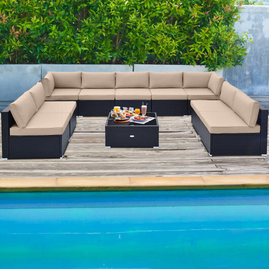 10 Piece Outdoor Wicker Conversation Set with Seat and Back Cushions-Black