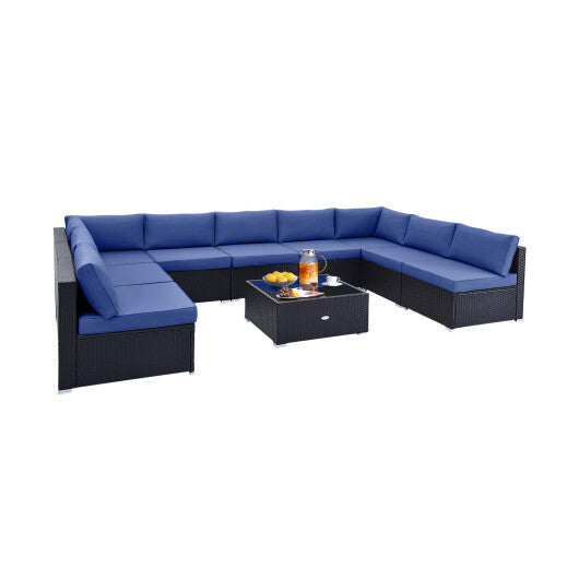 10 Piece Outdoor Wicker Conversation Set with Seat and Back Cushions-Black