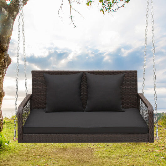 2-Person Outdoor Wicker Porch Swing with Seat and Back Cushions-Beige
