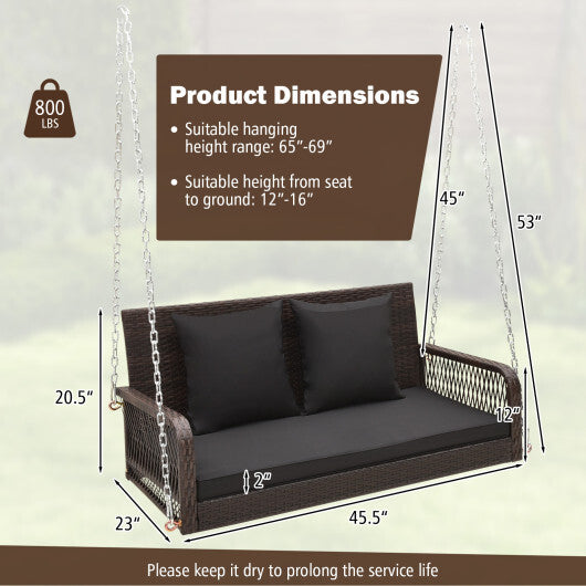 2-Person Outdoor Wicker Porch Swing with Seat and Back Cushions-Beige