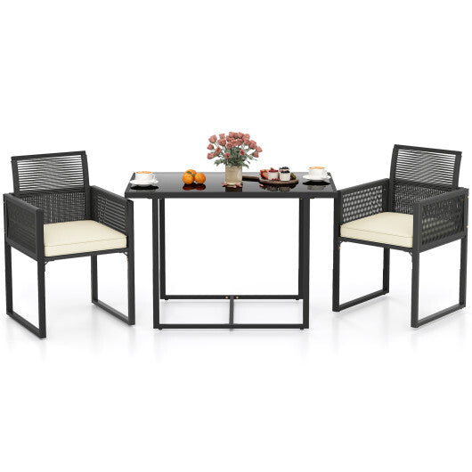 3 Pieces Patio Tempered Glass Top Table and Chairs Set for Porch Backyard-White