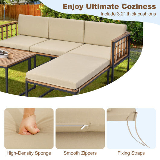 5 Pieces Patio Furniture Set Acacia Wood Sectional Set with Heavy-Duty Metal Frame-Beige