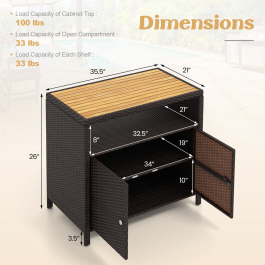 Rattan Storage Cabinet with Acacia Wood Countertop for Poolside Deck and Patio-Black