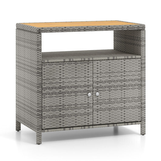 Rattan Storage Cabinet with Acacia Wood Countertop for Poolside Deck and Patio-Black