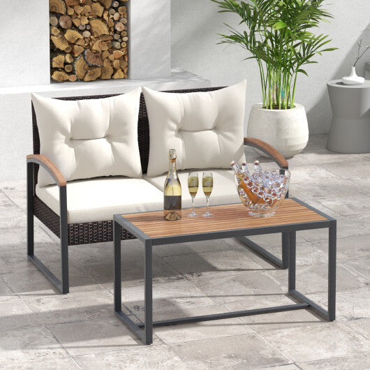 2 Pieces Patio PE Wicker Furniture Set with Acacia Wood Coffee Table-White