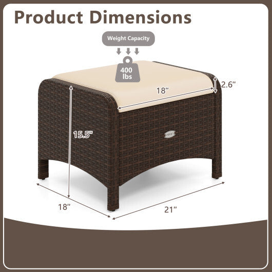 2 Pieces Outdoor Patio PE Wicker Ottomans with Removable Cushions-Beige