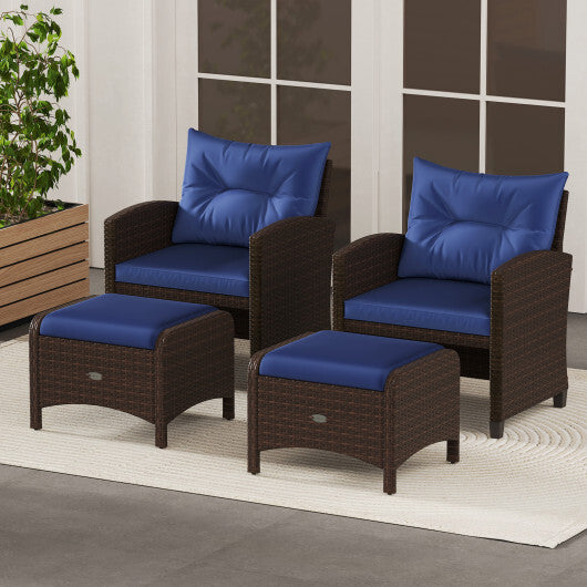 2 Pieces Outdoor Patio PE Wicker Ottomans with Removable Cushions-Beige
