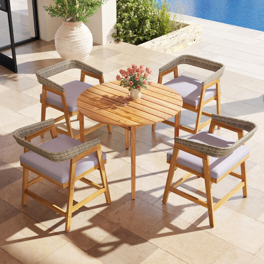 Outdoor Acacia Wood Patio Wicker Dining Chairs Set of 4 with Seat Cushion-Gray