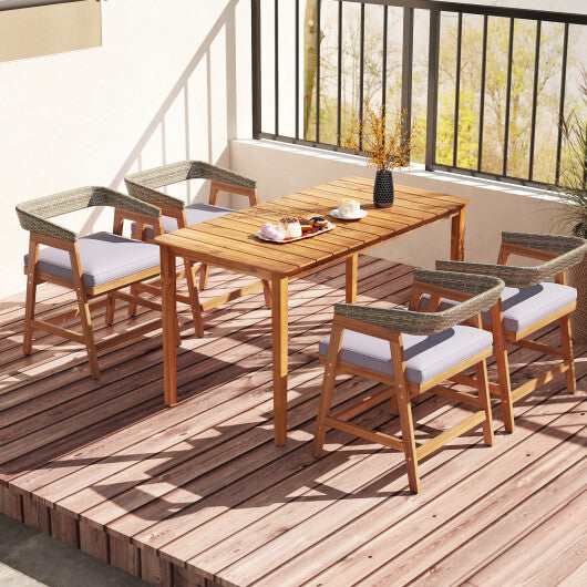 Outdoor Acacia Wood Patio Wicker Dining Chairs Set of 4 with Seat Cushion-Gray