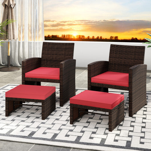 Multipurpose Outdoor 2 Pieces Patio PE Rattan Ottomans Footstool-Red