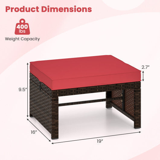 Multipurpose Outdoor 2 Pieces Patio PE Rattan Ottomans Footstool-Red