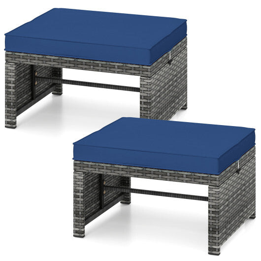 2 Pieces Patio PE Rattan Ottomans with Soft Zippered Cushions for Deck-White