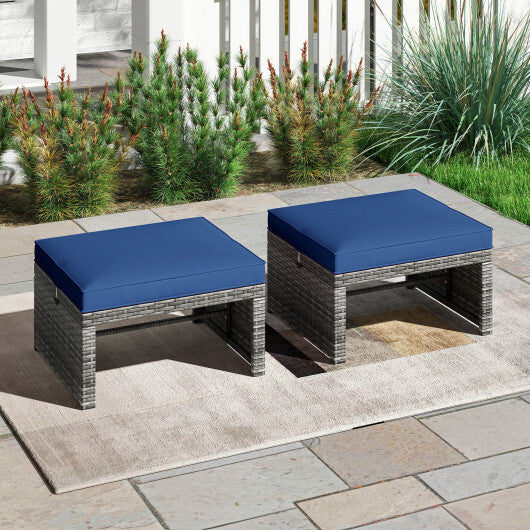 2 Pieces Patio PE Rattan Ottomans with Soft Zippered Cushions for Deck-White