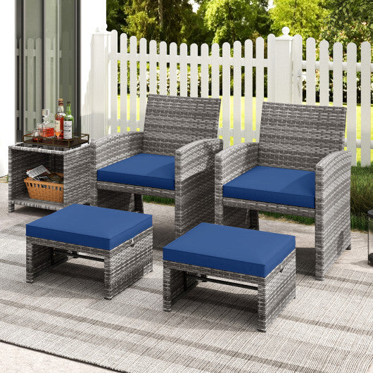 2 Pieces Patio PE Rattan Ottomans with Soft Zippered Cushions for Deck-White