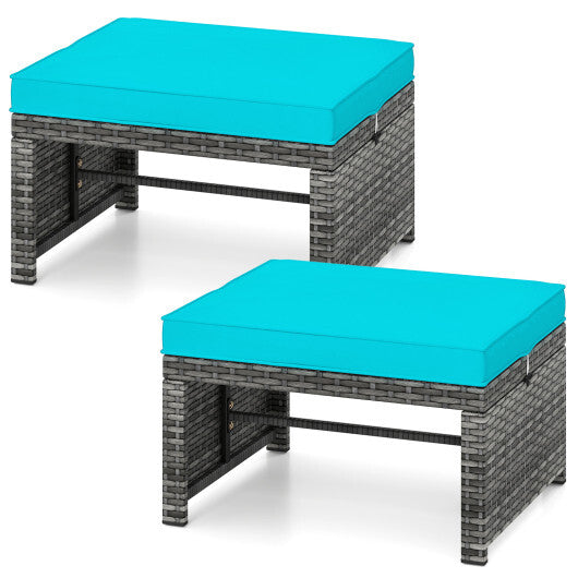 2 Pieces Patio PE Rattan Ottomans with Soft Zippered Cushions for Deck-White