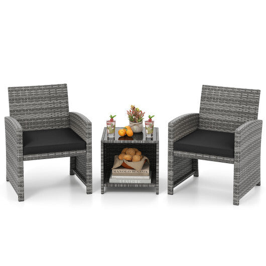 3 Pieces Patio Furniture Set with Tempered Glass Coffee Table and Soft Seat Cushions-Black