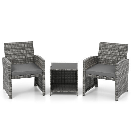3 Pieces Patio Furniture Set with Tempered Glass Coffee Table and Soft Seat Cushions-Black