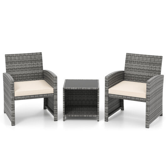 3 Pieces Patio Furniture Set with Tempered Glass Coffee Table and Soft Seat Cushions-Black