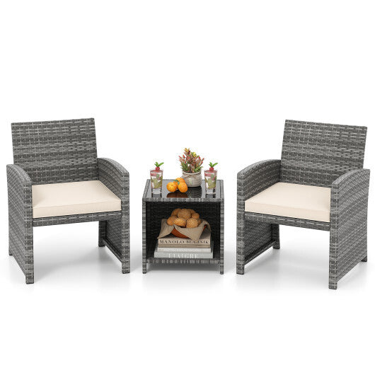 3 Pieces Patio Furniture Set with Tempered Glass Coffee Table and Soft Seat Cushions-Black