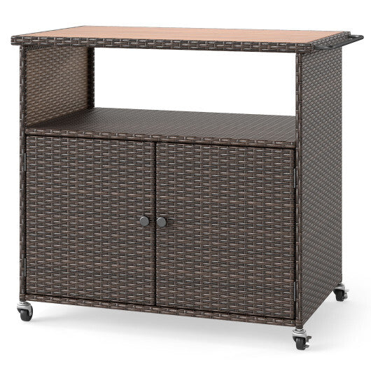Outdoor Storage Cabinet with Acacia Wood Top and Lockable Wheels