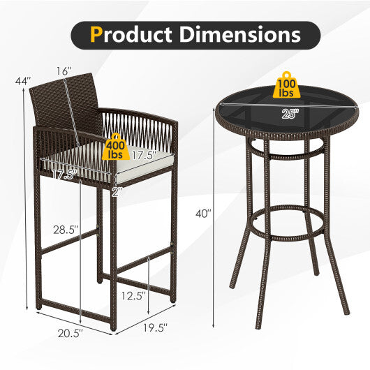 3 Piece Patio Bar Set Outdoor Wicker Bar Height Round Table and Armchairs-White