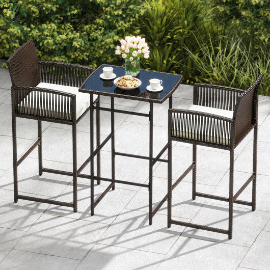 3 Piece Patio Bar Set Outdoor Wicker Bar Height Table and Armchairs with 2 Seat Cushions-White