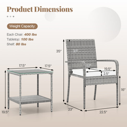 3 Piece Patio Furniture Set with Seat Cushions and Tempered Glass Tabletop for Balcony-White